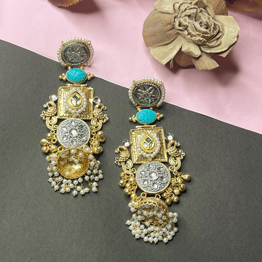 Aanya Ghungroo Mor Jhumki Earrings - Turquoise