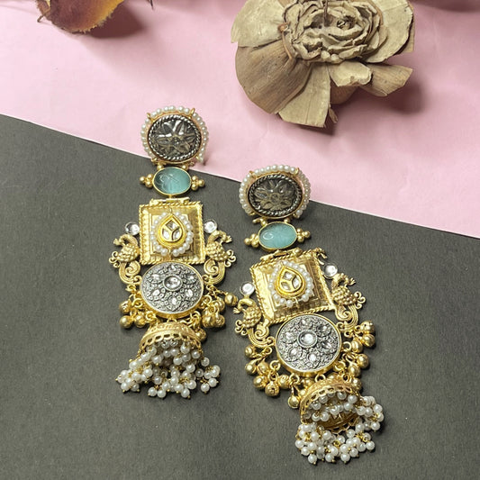 Aanya Kundan Ghungroo Jhumki Earrings - Light Blue